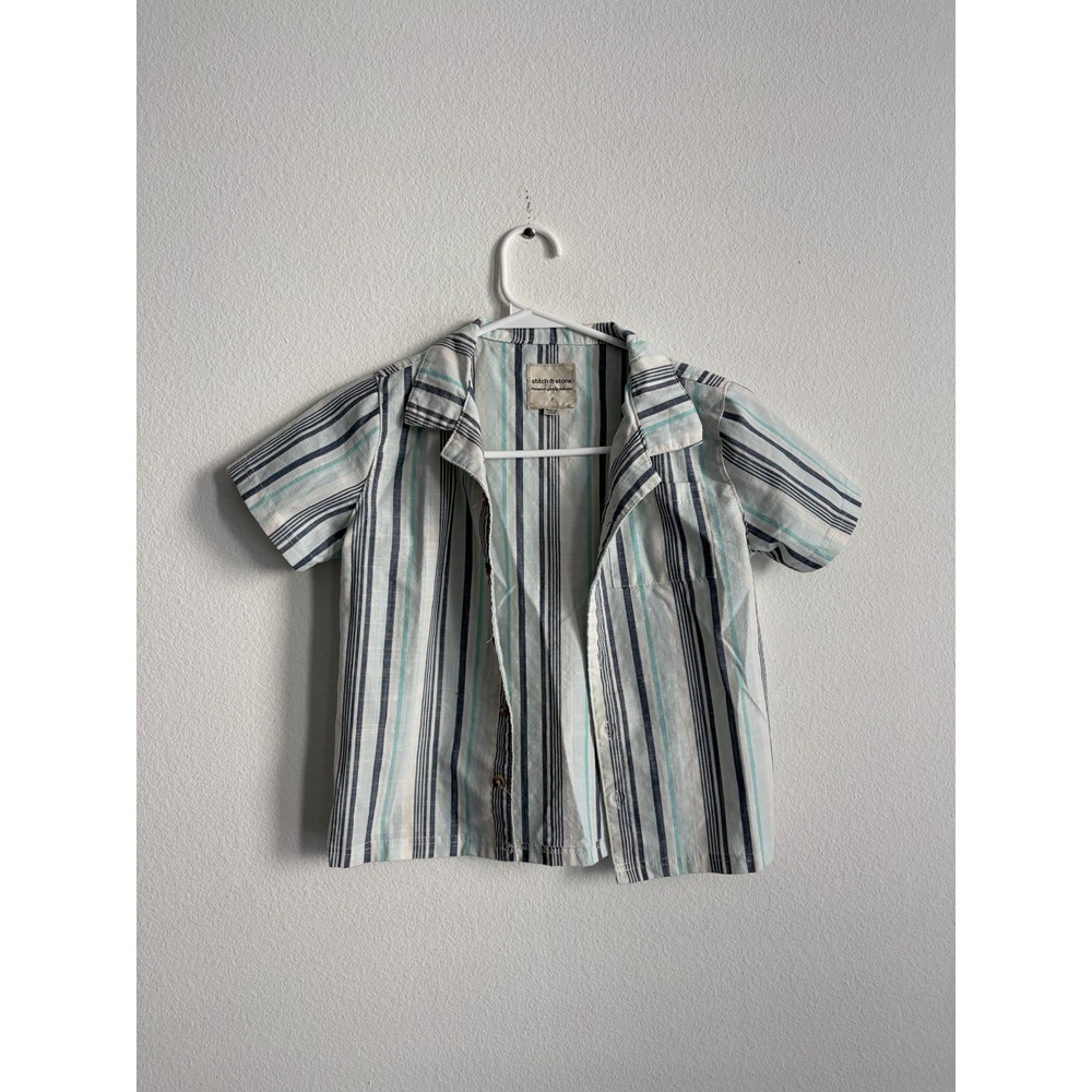 Stitch & Stone Shirt Boys 7 Multicolor Vertical Striped Short Sleeve Camp Collar